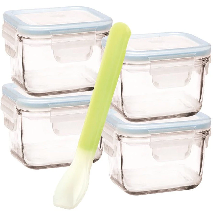 Glasslock Square Baby Set With Silicone Spoon 5 Piece 82mm X 82mm X 57mm / 210ml