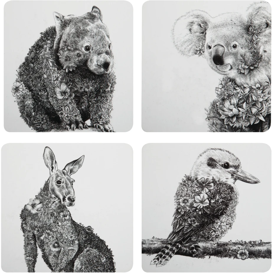 Maxwell And Williams Marini Ferlazzo Animals Of Australia Cork Back Coaster 10.5cm Set Of 4 Assorted Gift Boxed